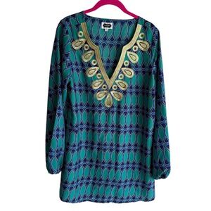 MUDPIE Corinne Green and Blue Ladies Tunic with Gold Embroidered V-Neck, L
